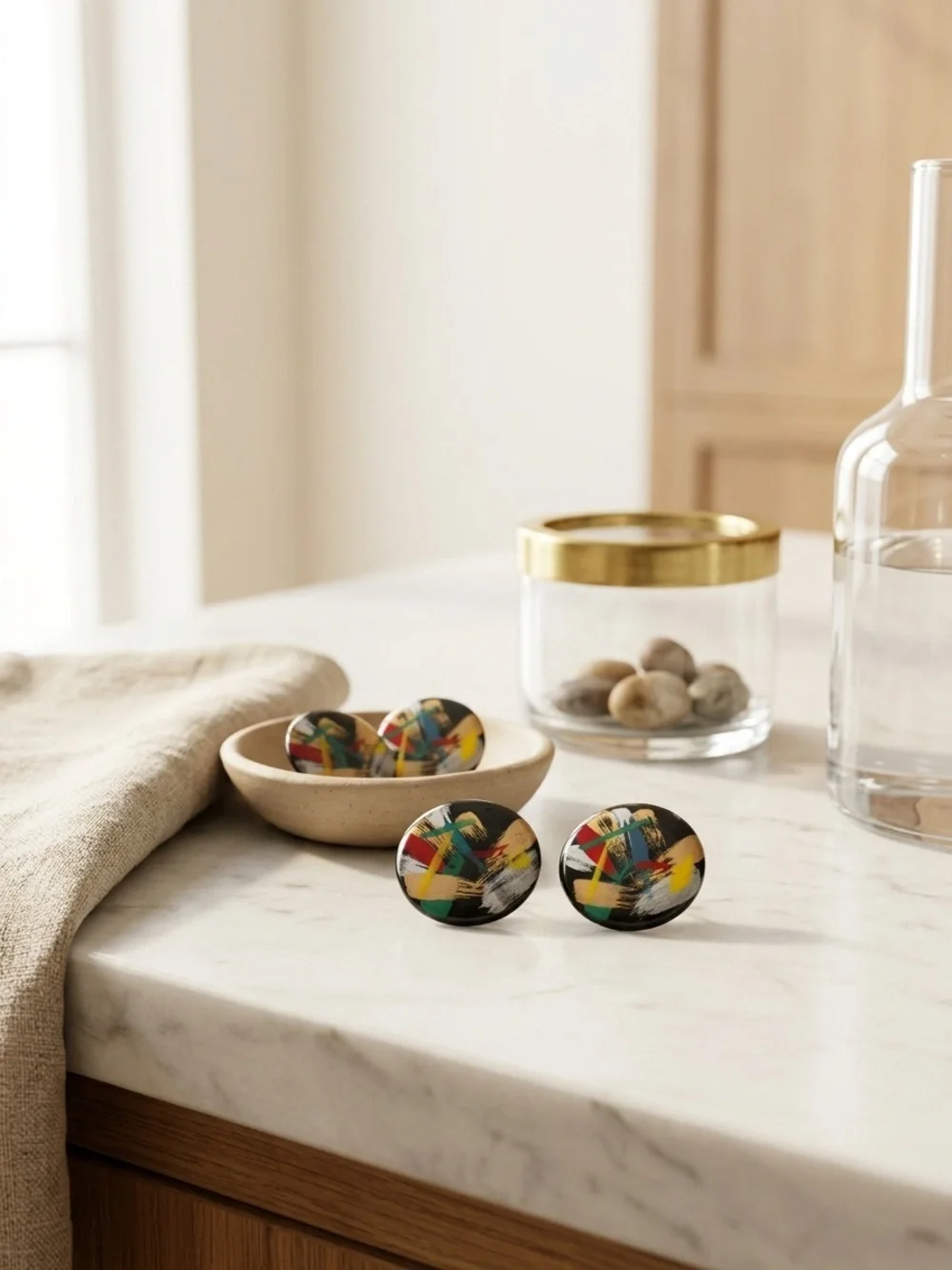Abstract Painted Round Stud Earrings Handcrafted Lightweight Statement Jewelry